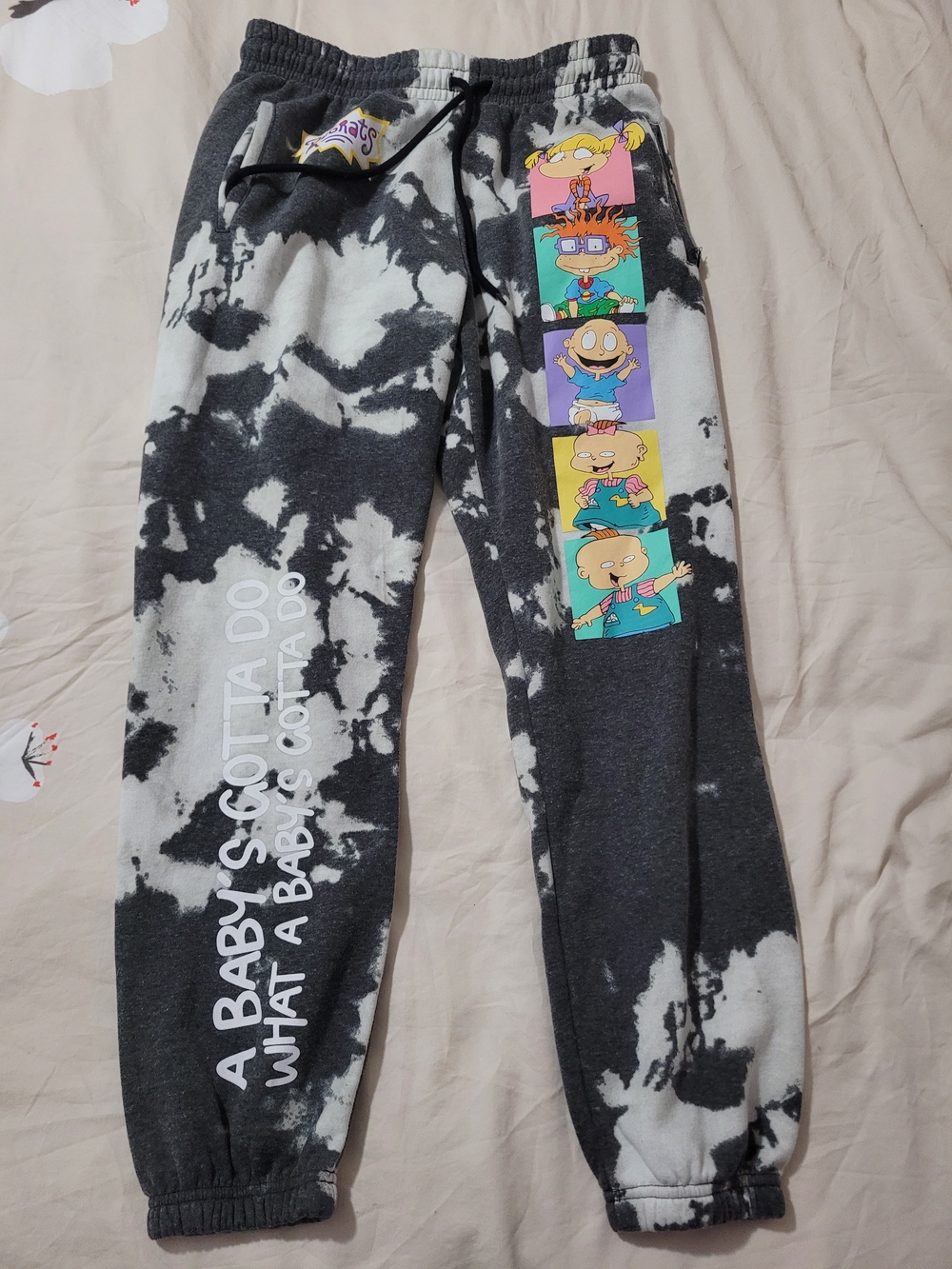 Nickelodeon Black & White Tie-Dye Joggers with Rugrats Character Panel